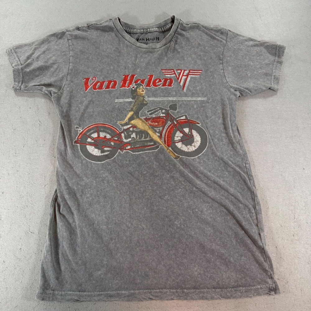 Van Halen Motorcycle Pinup Graphic Tee Mens Small Gray Mineral Wash Shirt